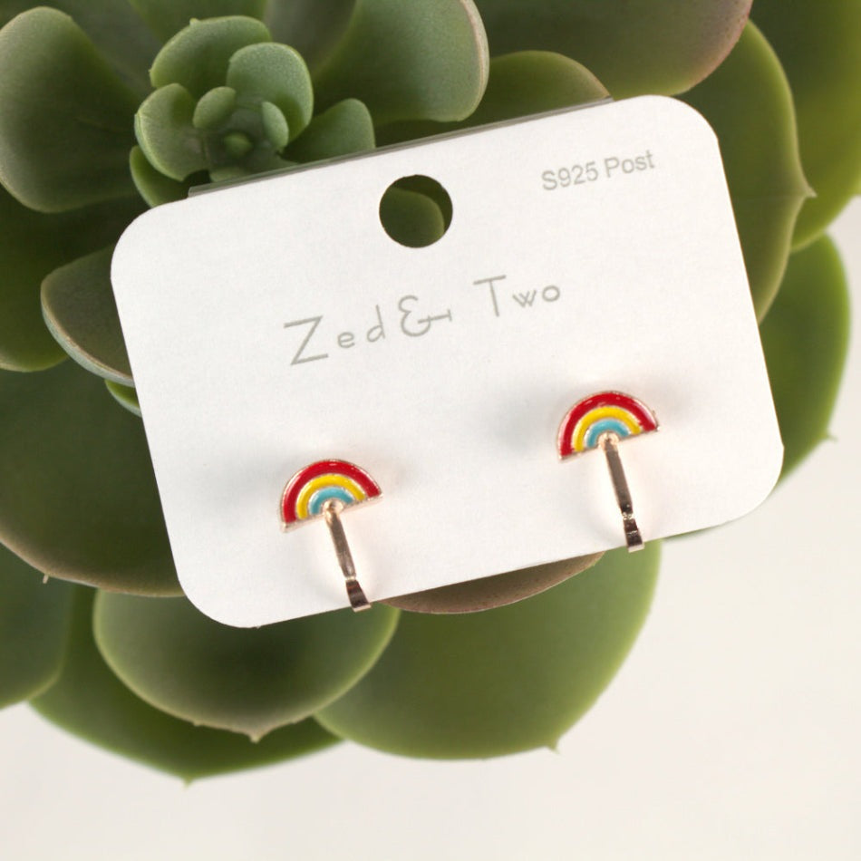 Nemibaby Rainbow Arc Stud Earrings with silver posts, two-piece set displayed on a white card.