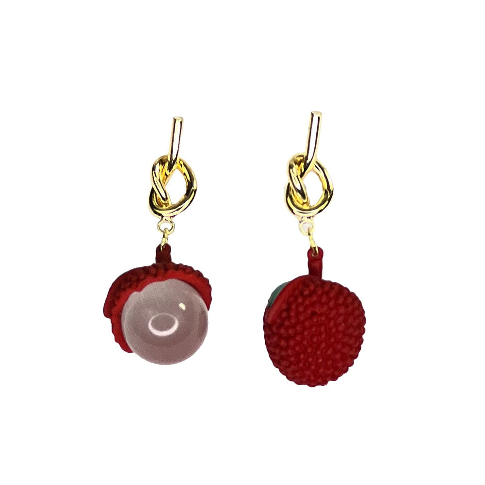 Nemibaby Lychee earrings on gold-tone pins with red textured lychee charms; pair