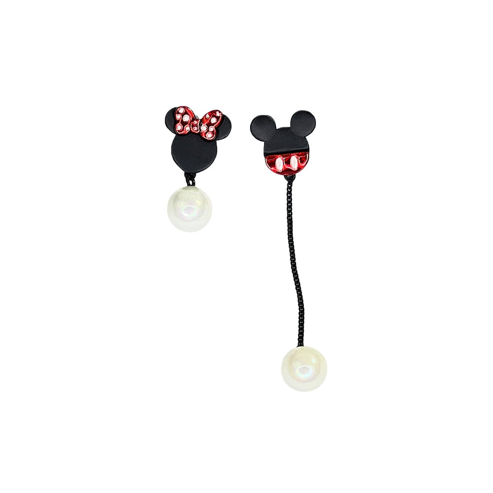 Nemibaby Mickey and Minnie earrings set; black pins with red bow accents and pearl drop charms (2-piece)