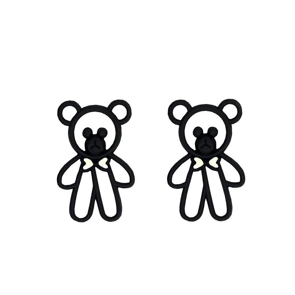 Nemibaby teddy bear earrings pair in black outline with white bodies, 925 sterling silver pins