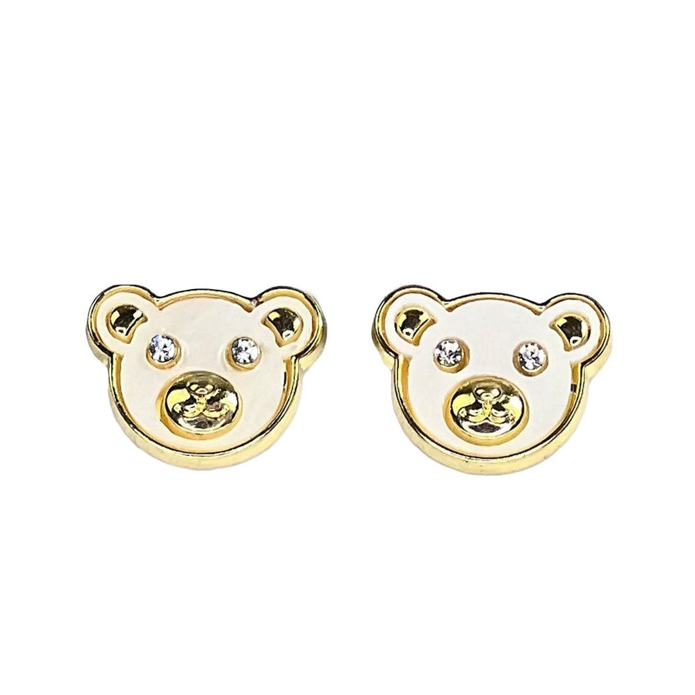 Nemibaby teddy bear earrings, gold-tone with white enamel and crystal eyes, 2-piece set with 925 silver pins