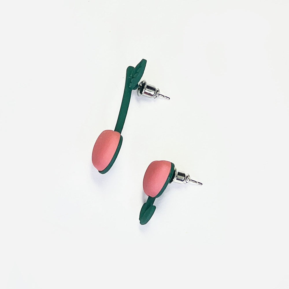 Nemibaby Tulip & Cherry earrings, pink flowers on green stems with 925 silver posts, pair
