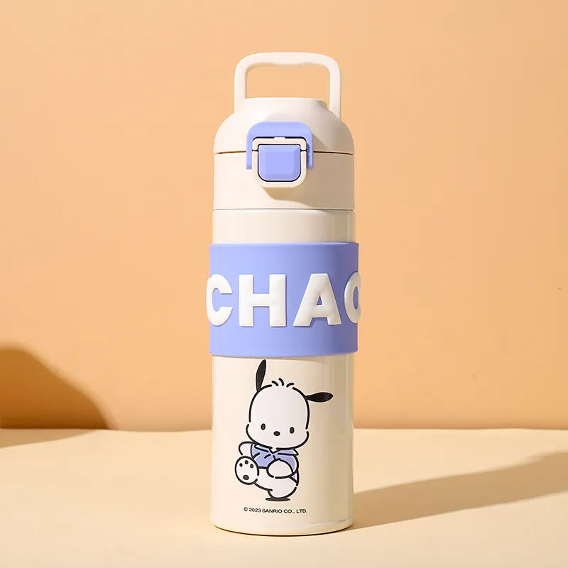Nemibaby Insulated Bottle 400 ml, white with lavender band and secure lid, standing upright with dog illustration.