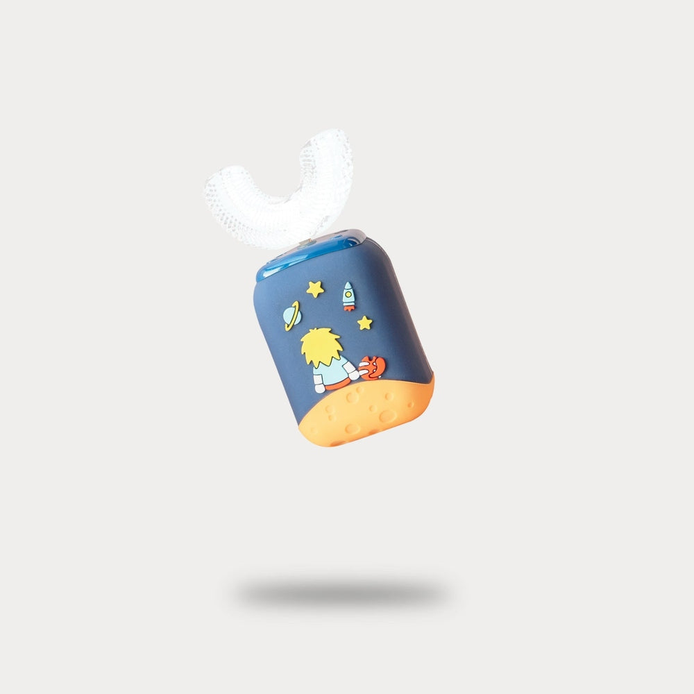 Nemibaby Kids U-Shape Toothbrush blue with space-themed graphics and orange base