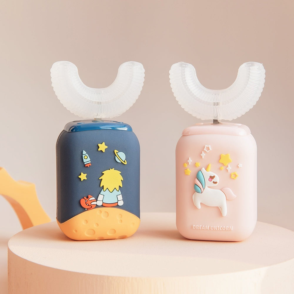Nemibaby Kids U-Shape Toothbrush set in blue and pink bottles with space and unicorn designs, 2 pieces