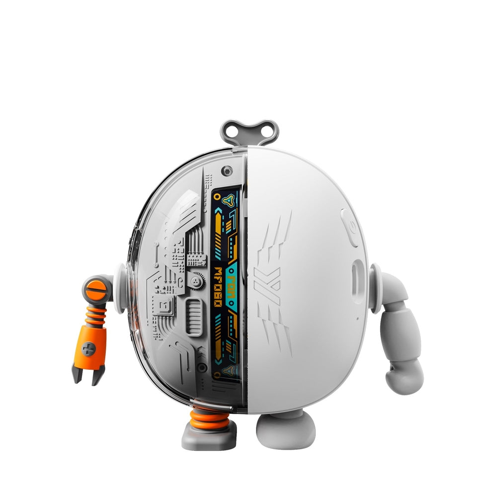 Nemibaby mobile handsfree robot fan, white circular body with transparent half and orange articulated arms