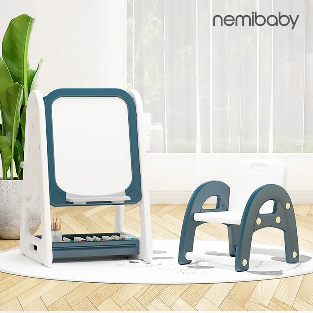 Nemibaby Multi Function Easel & Bookshelf; white easel with teal frame and marker tray, plus a matching teal-and-white kid chair - 2-piece set.