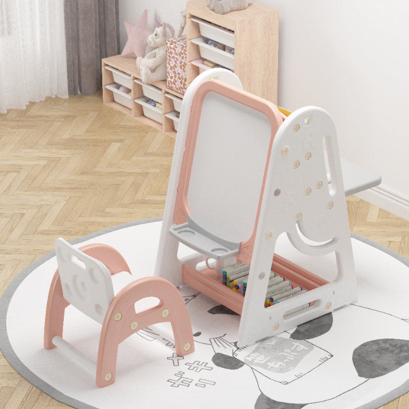 Nemibaby pink multi-function easel with chalkboard, built-in bookshelf and bead tray for kids