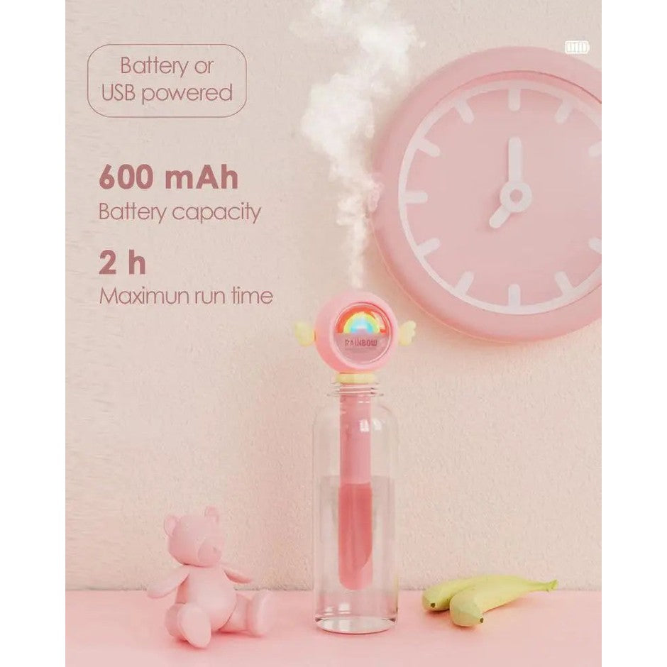 Nemibaby Rainbow Fairy Humidifier in pink with a rainbow topper, USB/battery powered, 600 mAh, 2 h runtime.