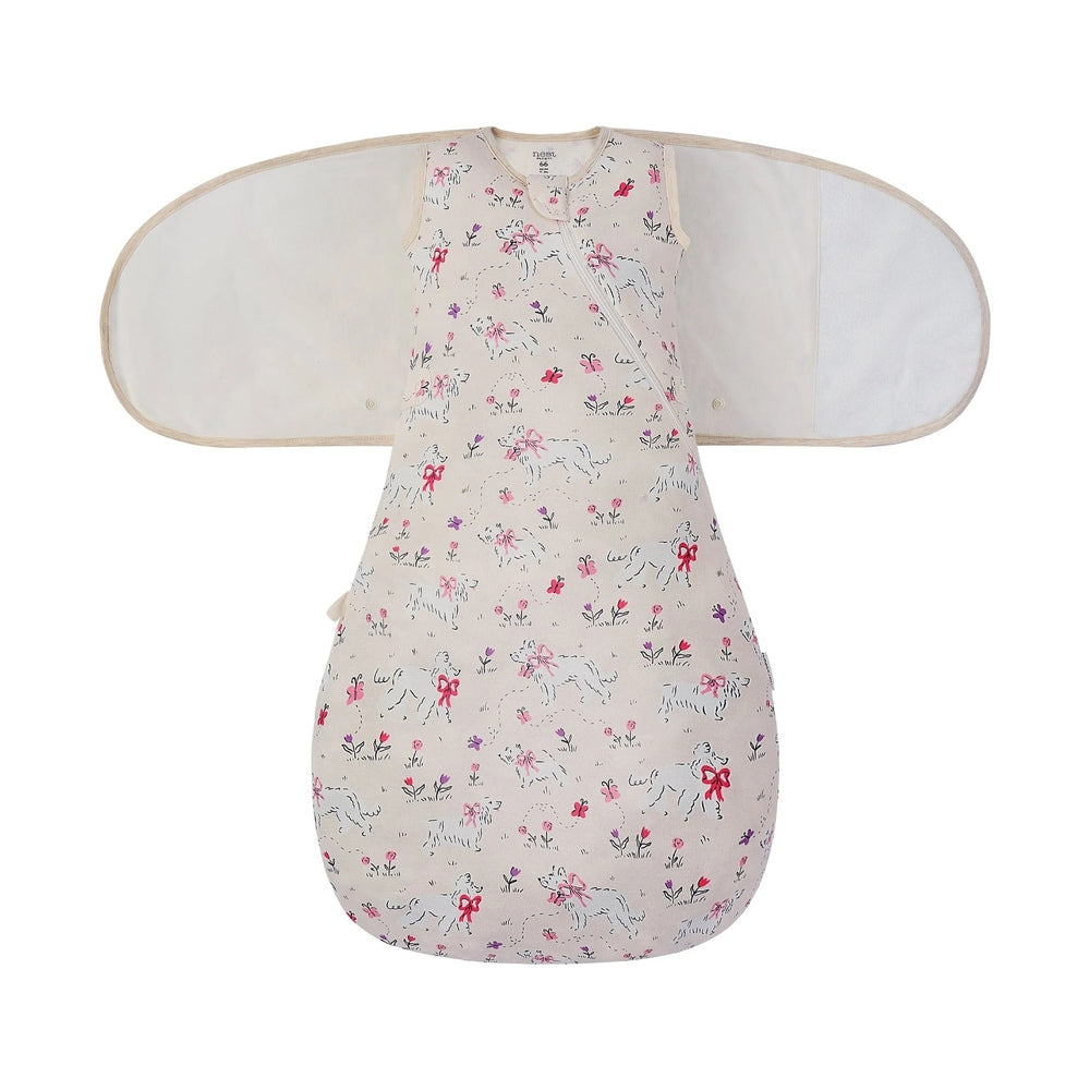 NEST DESIGNS Nest Designs 0.5 TOG Startle Stop Sleep Bag Doggie Meadow sleeveless with rounded shoulder wing panels and tapered img 4/6