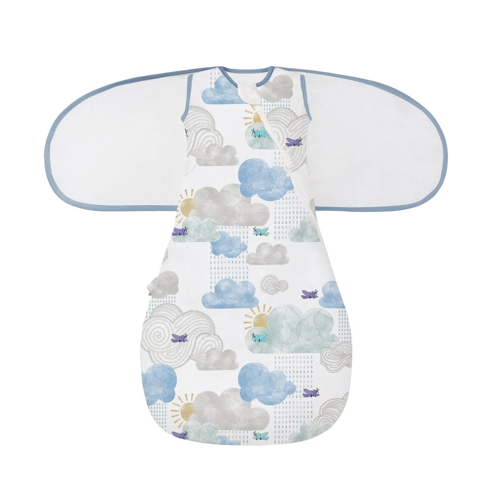 NEST DESIGNS Nest Designs 0.5 TOG Startle Stop Sleep Bag Fluffy Puffs with extended wing flaps and blue trim edging img 4/6