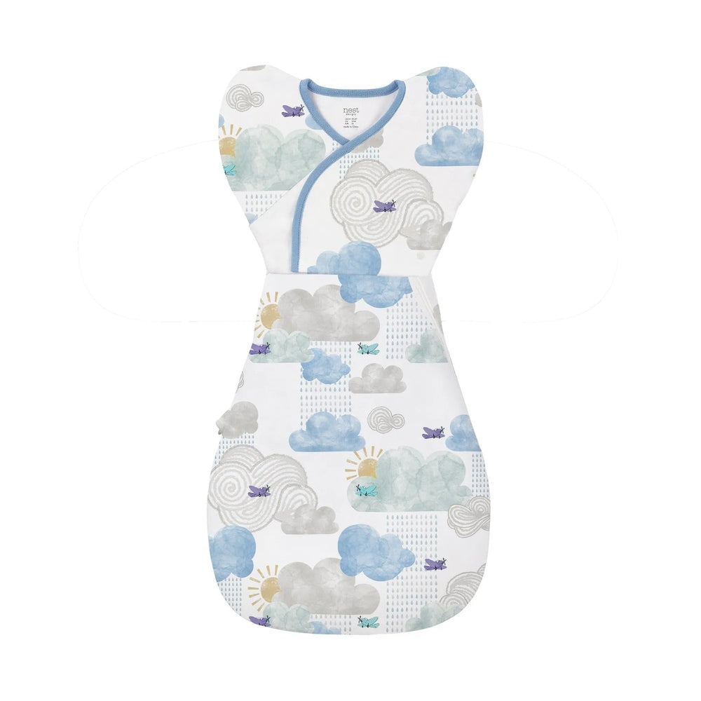 NEST DESIGNS Nest Designs 0.5 TOG Startle Stop Sleep Bag Fluffy Puffs Armless wrap closure with blue trim and gathered bottom img 5/6