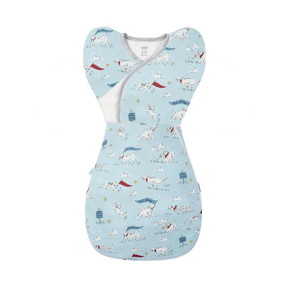 NEST DESIGNS Nest Designs 0.5 TOG Startle Stop Sleep Bag Puppy Park Kimono wrap closure with grey trim and playing dogs pattern img 5/6