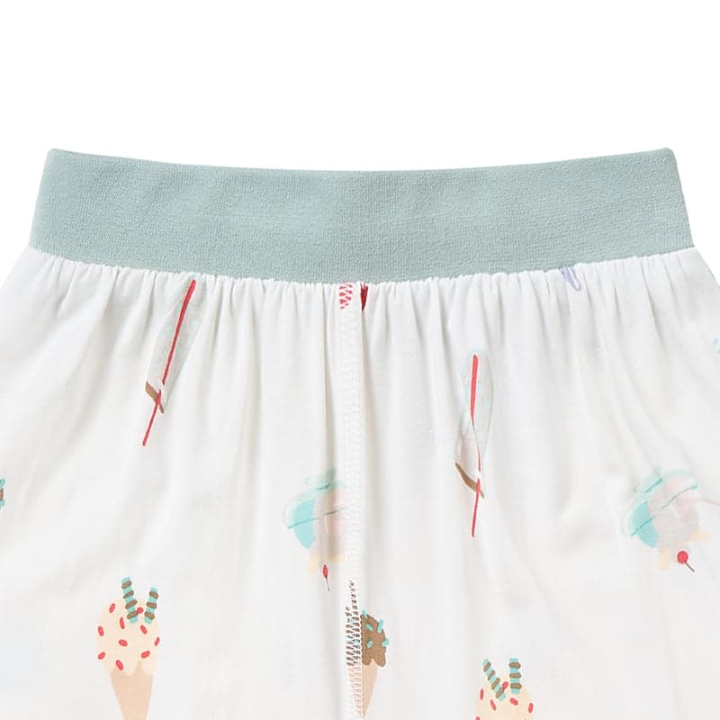 Nest Designs Avocado Bamboo Short Sleeve Play Set Ice Cream Summer, white fabric with mint waistband and pastel ice cream cones.