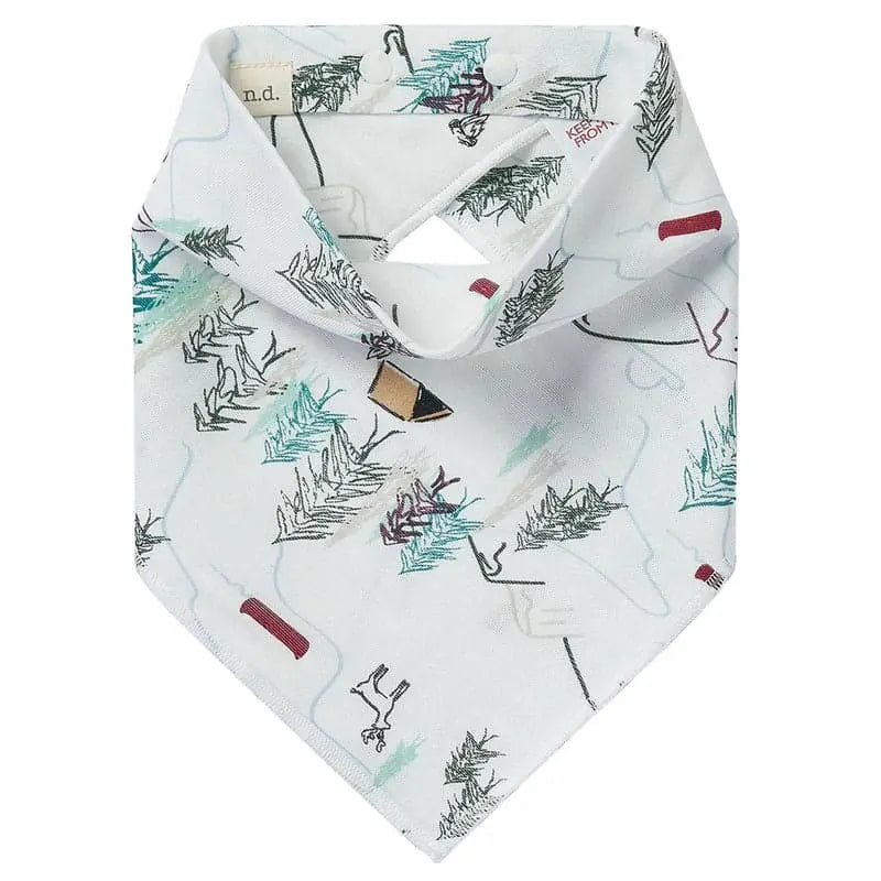 Nest Designs Bamboo Baby Bandana Bib One Size (3M-24M) in white with teal leaf print, folded to form a neck bib.