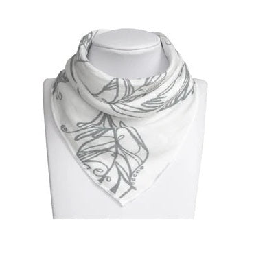 Nest Designs Bamboo Baby Bandana Bib white with grey bamboo print on display showing one-size 3M-24M