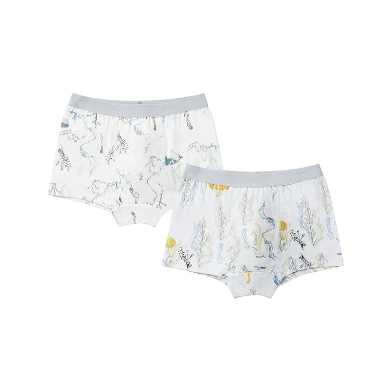 Nest Designs Bamboo Boys Boxer Briefs Underwear 2-Pack, gray waistband, underwater seaweed print, laid flat to show design.