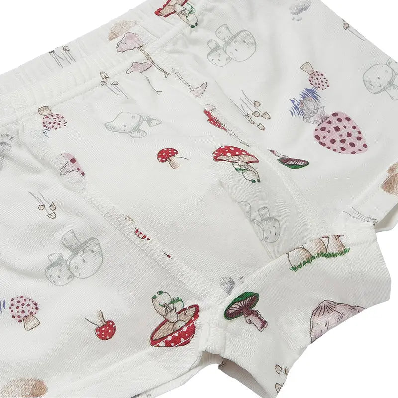 Nest Designs Bamboo Boys Boxer Briefs Underwear 2-Pack Meadow Mystery: white knit with mushroom meadow prints and soft elastic waistband