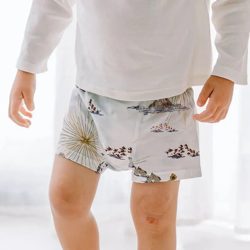 Nest Designs Bamboo Boys Boxer Briefs Under The Sea, 2-pack, worn by a child in a white shirt.