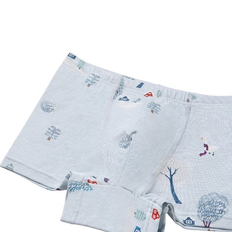 Nest Designs Bamboo Boys Boxer Briefs Underwear Winter Fun 2-pack; light blue fabric with trees and houses, waistband visible.