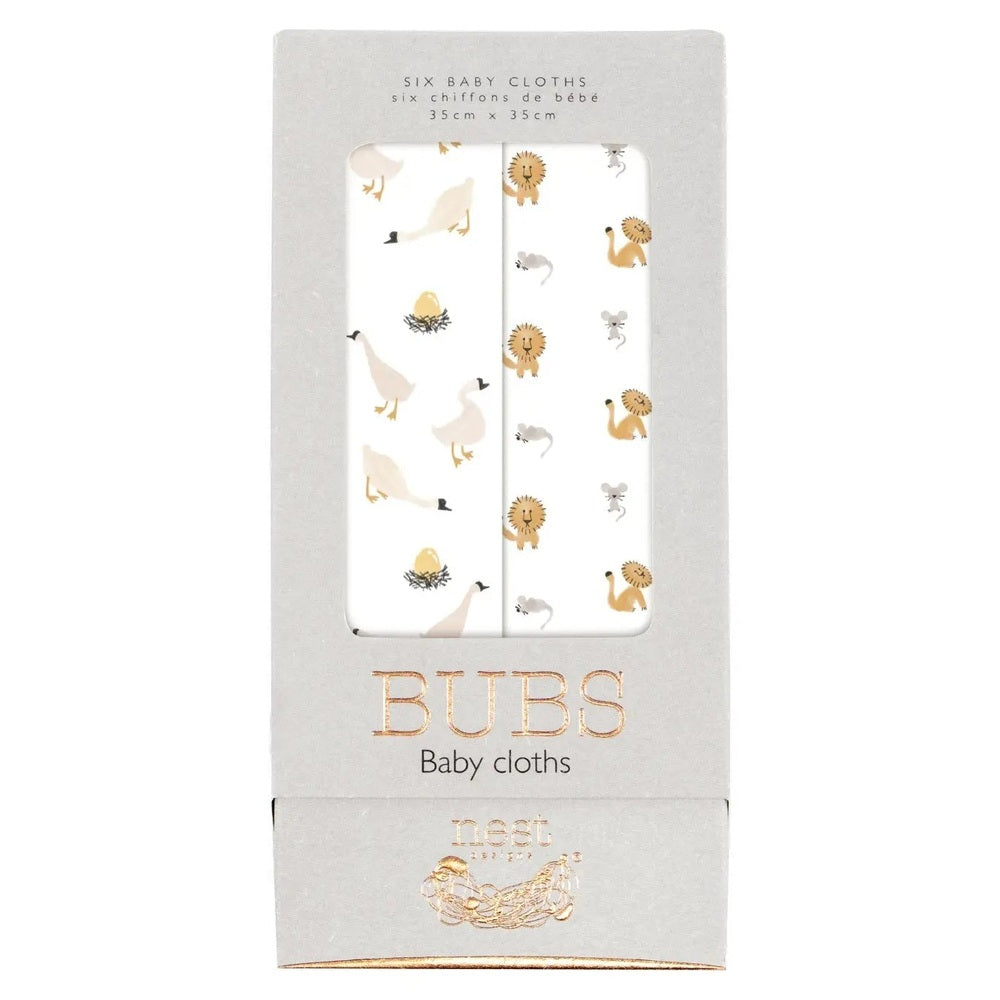 Nest Designs Bamboo Bubs Baby Washcloth Set (6-pack): white bamboo cloths with pastel animal prints shown in a windowed box