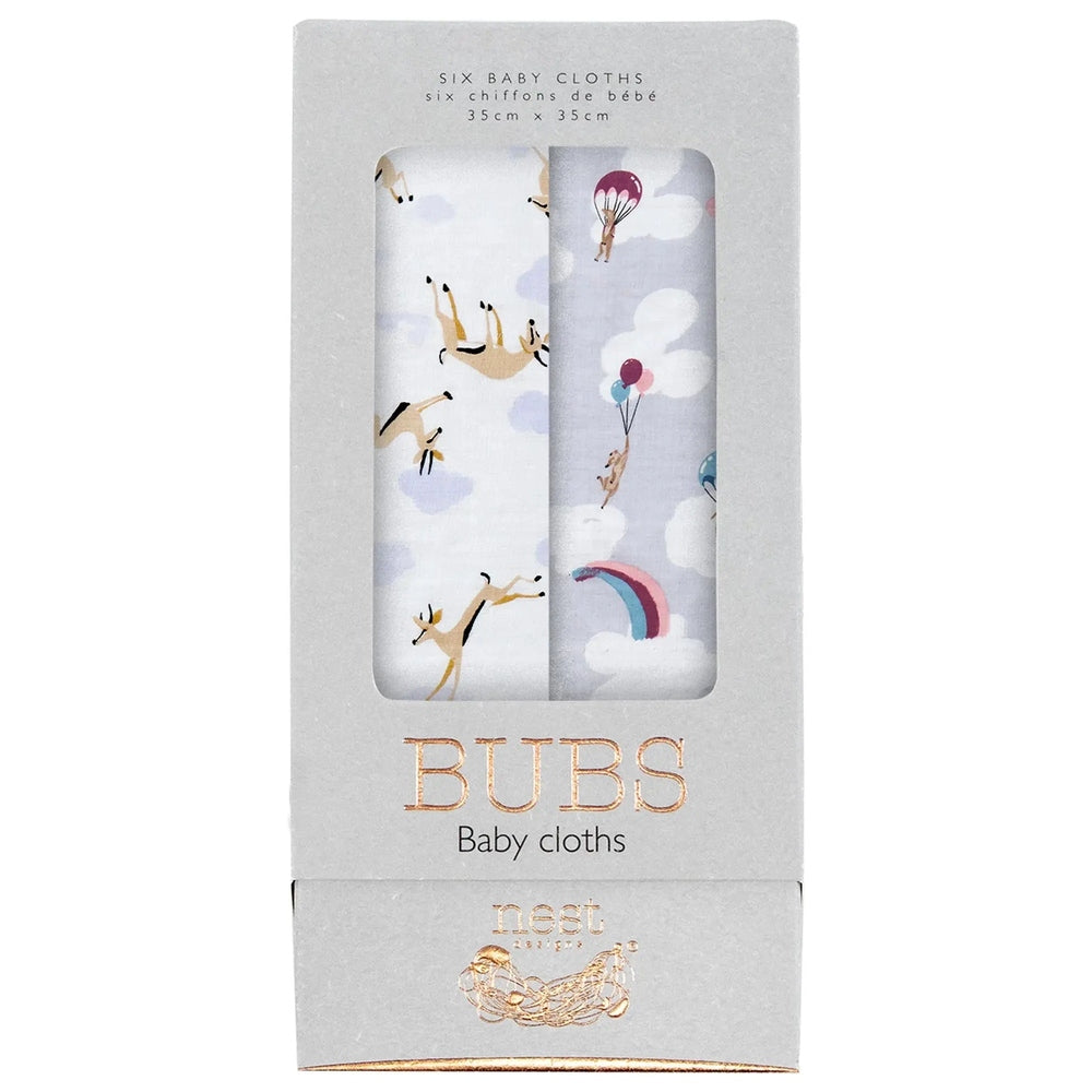 Nest Designs Bamboo Bubs Baby Washcloth Set (6 Pack) in a gray box; six soft bamboo cloths ready for bath time