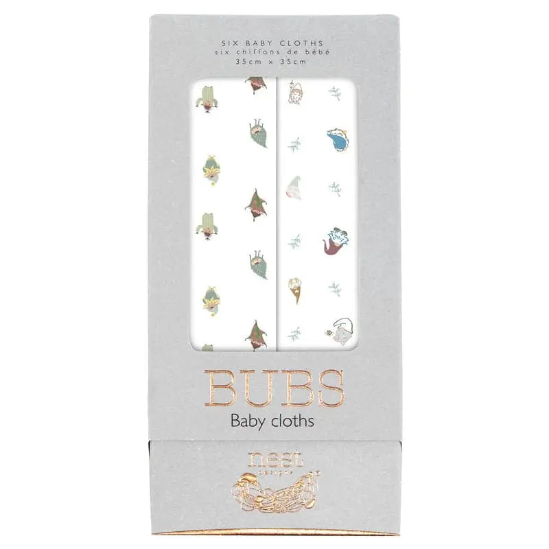Nest Designs Bamboo Bubs Baby Washcloth Set (6-pack) featuring soft bamboo fabric and whimsical prints, displayed in packaging.