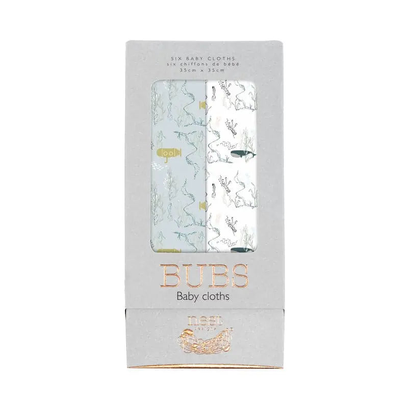 Nest Designs Bamboo Bubs Baby Washcloth Set (6 Pack) with sea-themed prints on soft bamboo fabric, displayed in a gray box.