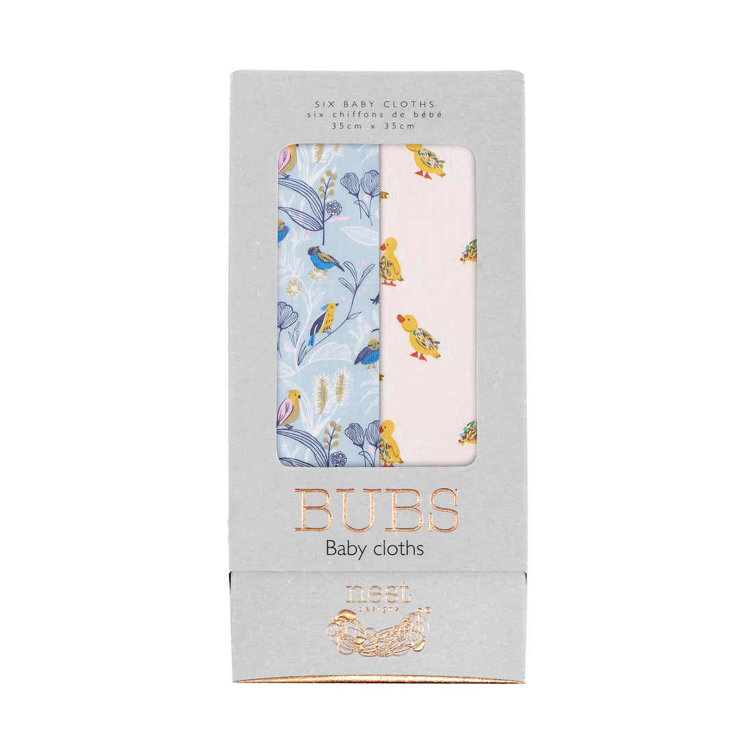Nest Designs Flights Of Fancy washcloth six-pack in grey packaging with blue bird and cream duck prints.