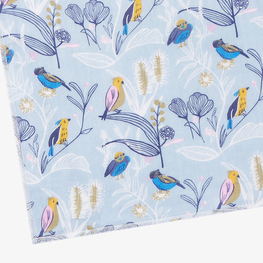 Close-up of light blue Flights Of Fancy washcloth with colourful birds and botanical outlines.