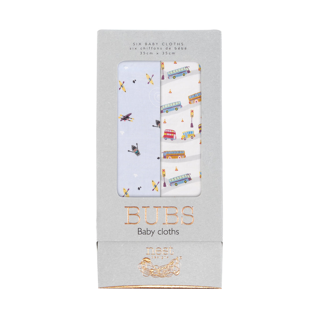 Nest Designs Buses And Boats washcloth six-pack in grey packaging with bus and canoe prints.