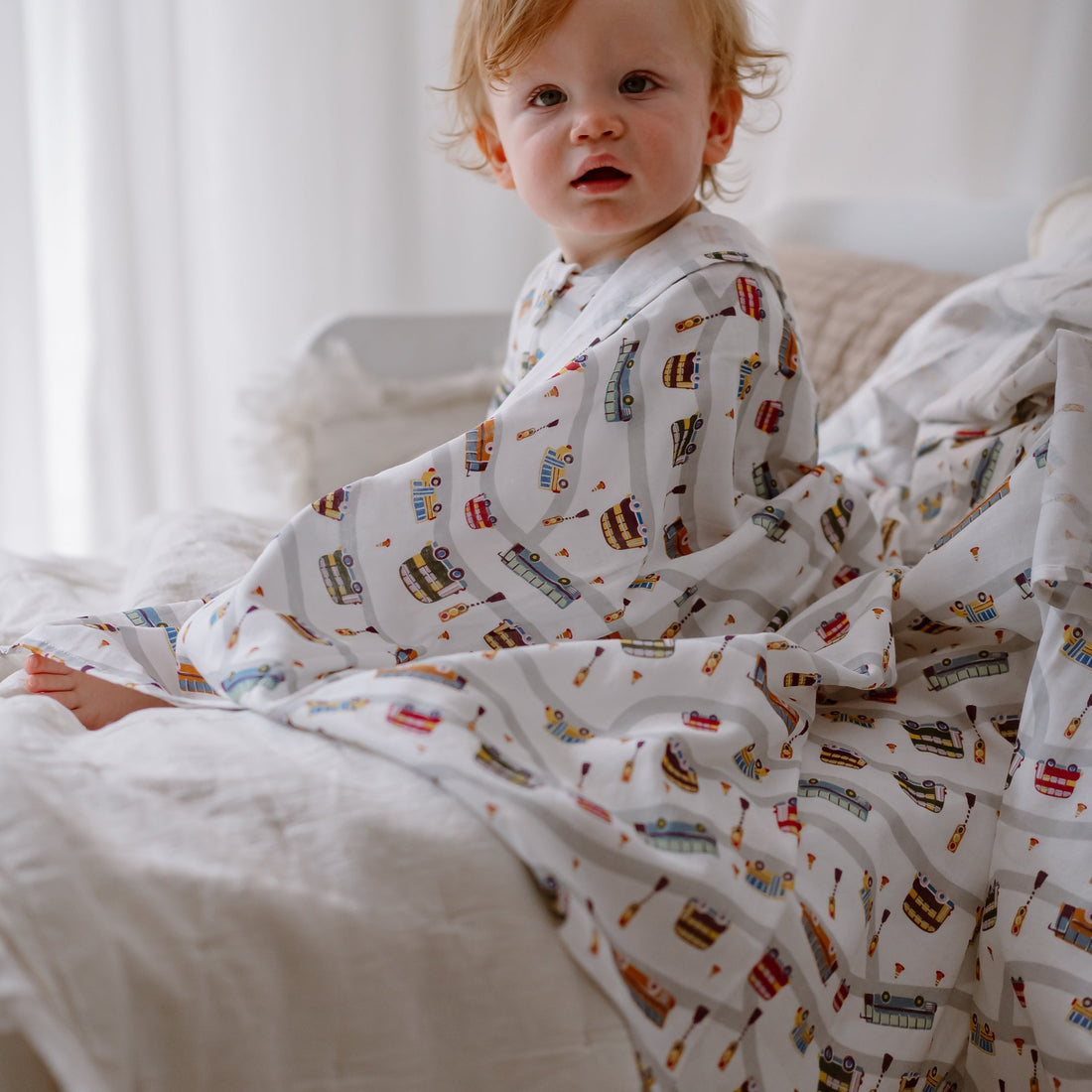 Nest Designs Bamboo Cotton Muslin Nook Swaddle Blankie WHEELS ON THE BUS gallery view 2