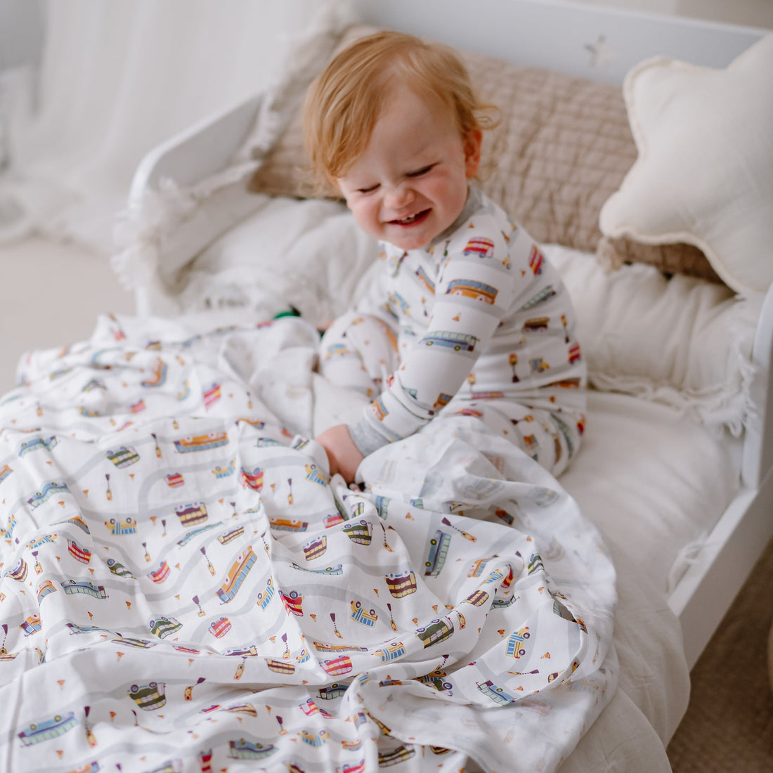 Nest Designs Bamboo Cotton Muslin Nook Swaddle Blankie WHEELS ON THE BUS gallery view 5