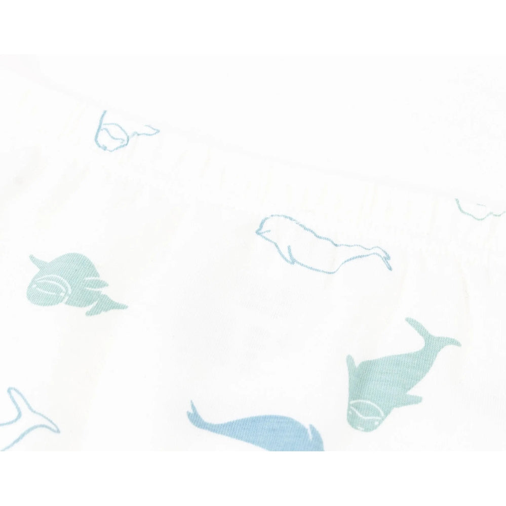 Nest Designs Bamboo Girls Boy Short Underwear (2 Pack) Belugas-white fabric with blue beluga whale prints, two-pack.