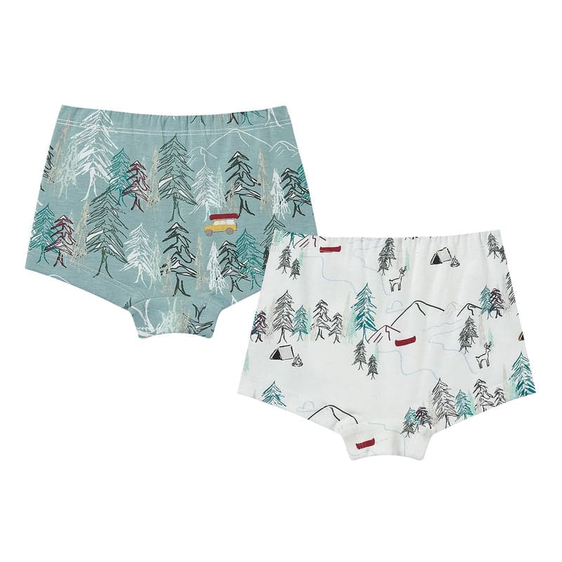 Nest Designs Bamboo Girls Boy Short Underwear 2-pack Forest Fun; forest-print shorts laid flat.