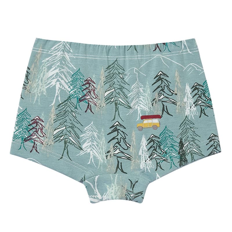 Nest Designs Bamboo Girls Boy Short Underwear Forest Fun two-pack, teal forest print, laid flat to showcase pattern.