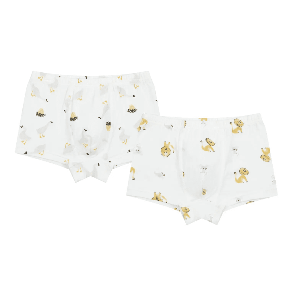 Nest Designs Bamboo Girls Boy Short Underwear (2 Pack) with lion and goose prints, two pairs laid flat.
