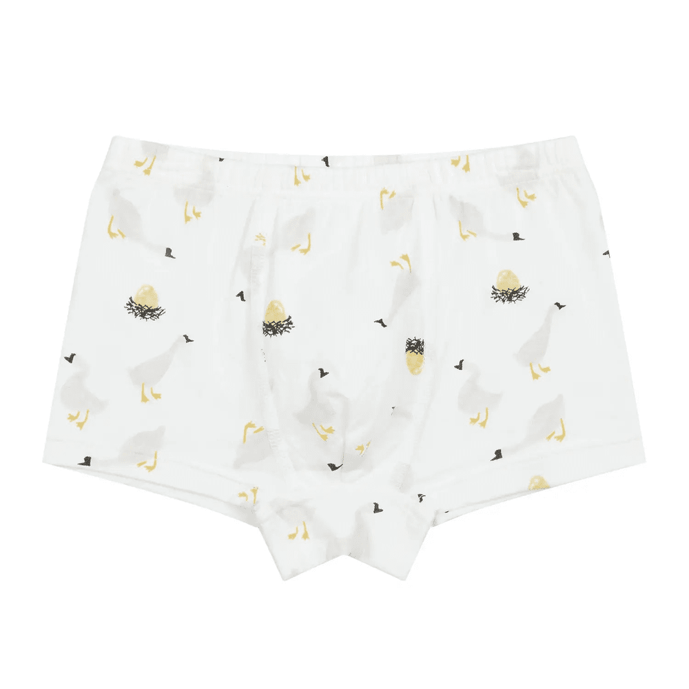 Nest Designs Bamboo Girls Boy Short Underwear 2-Pack, white with yellow goose and black lion prints, elastic waistband