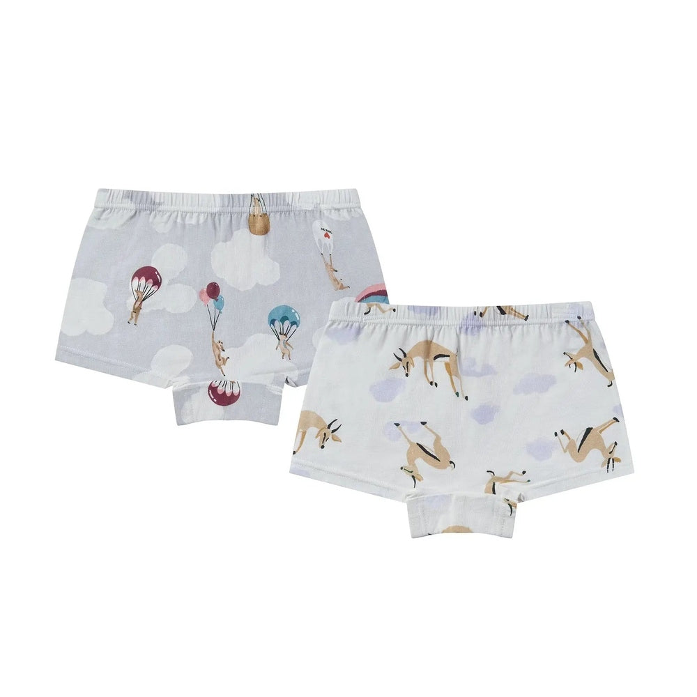Nest Designs Bamboo Girls Boy Short Underwear 2-Pack Sahara Sky, laid flat to show soft bamboo fabric and elastic waistband.