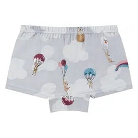 Nest Designs Bamboo Girls Boy Short Underwear (2 Pack) Sahara Sky laid flat in light blue with clouds and balloons print
