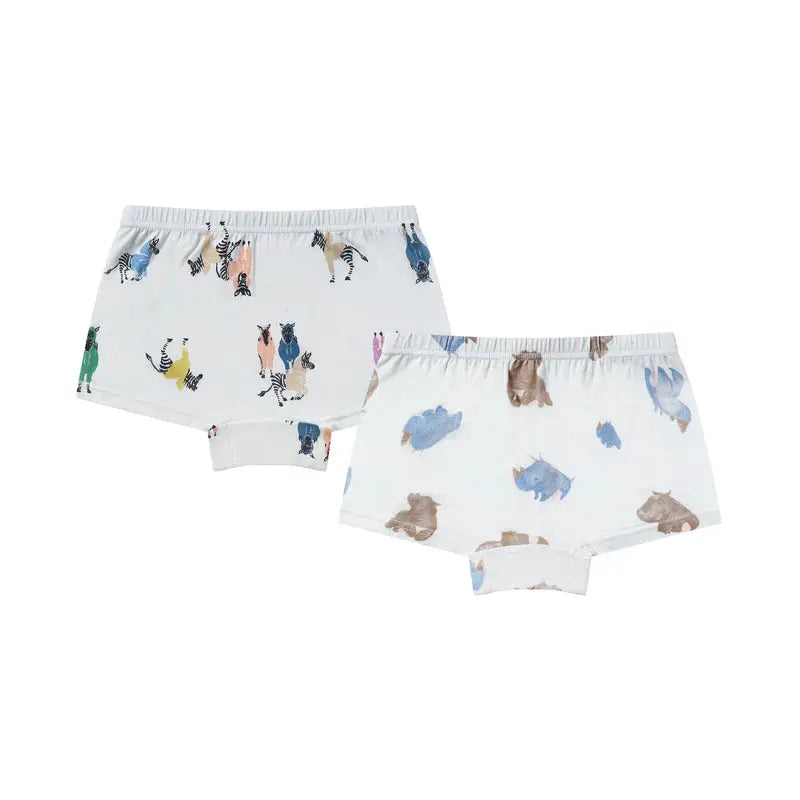 Nest Designs Bamboo Girls Boy Short Underwear Serengeti 2-pack; soft breathable fabric shown on two printed shorts with elastic waist.