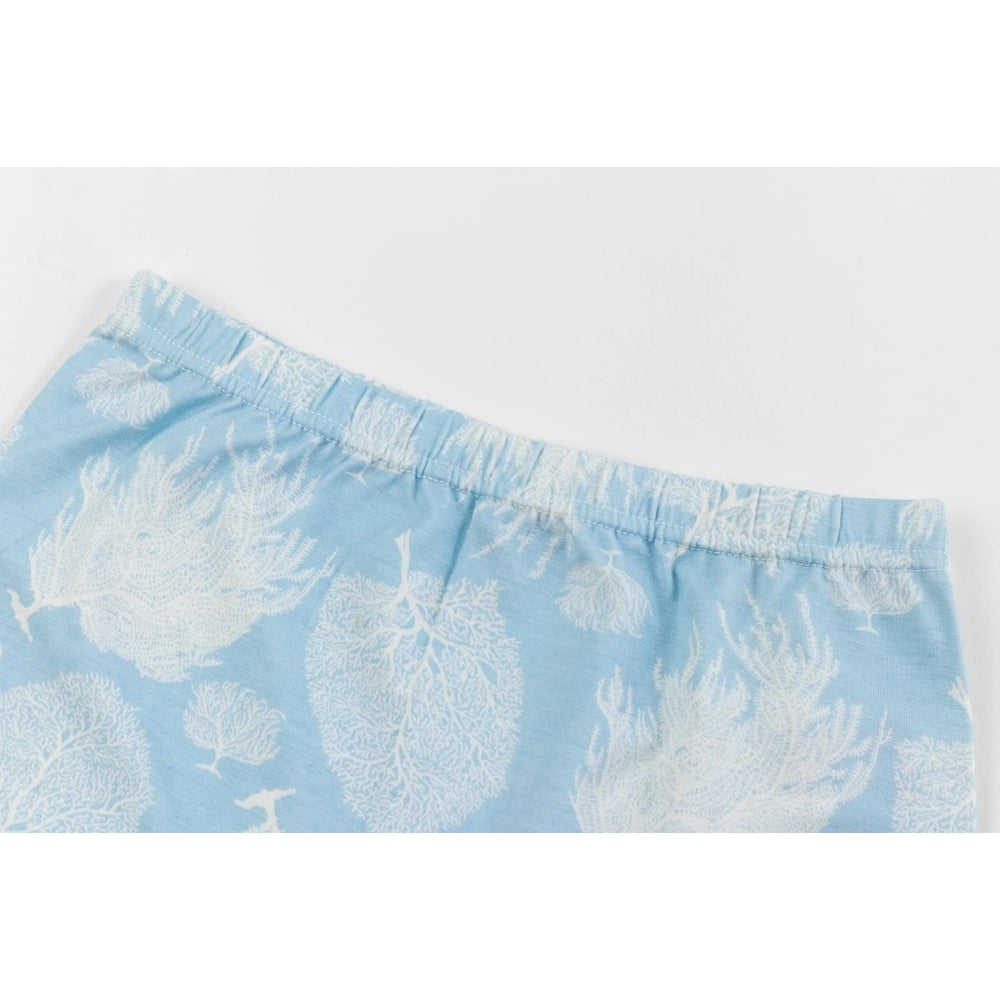 Nest Designs Bamboo Girls Short Underwear 2-Pack in coralife blue with white coral print, elastic waistband clearly shown.