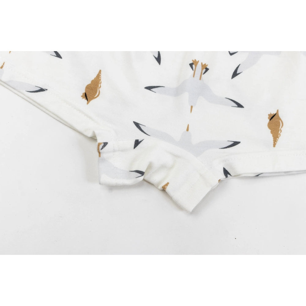 Nest Designs Bamboo Girls Short Underwear 2-pack Seafarer, white knit with gray seagull prints, neatly folded.