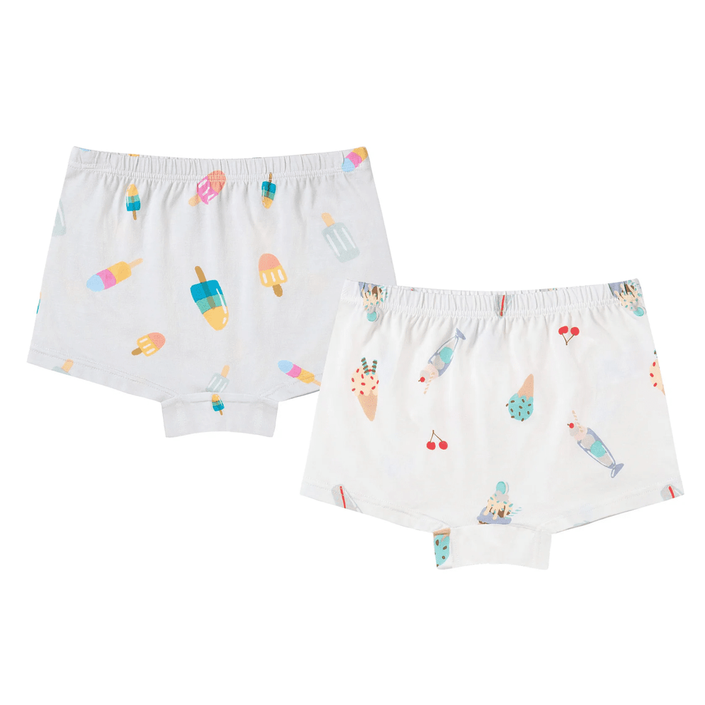 Nest Designs Bamboo Girls Underwear 2-Pack Sweet Treats: two white briefs laid flat with colorful ice cream prints.