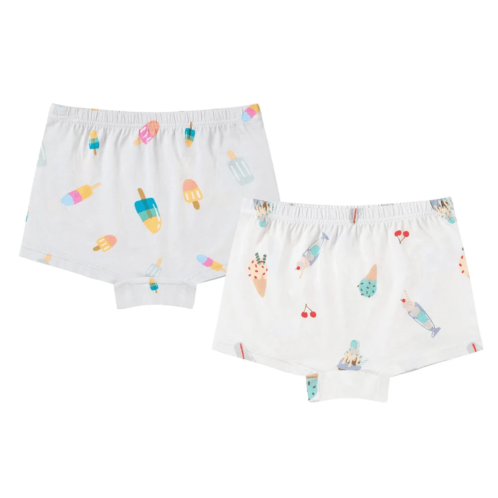 Nest Designs Bamboo Girls Underwear 2-Pack Sweet Treats: two white briefs laid flat with colorful ice cream prints.