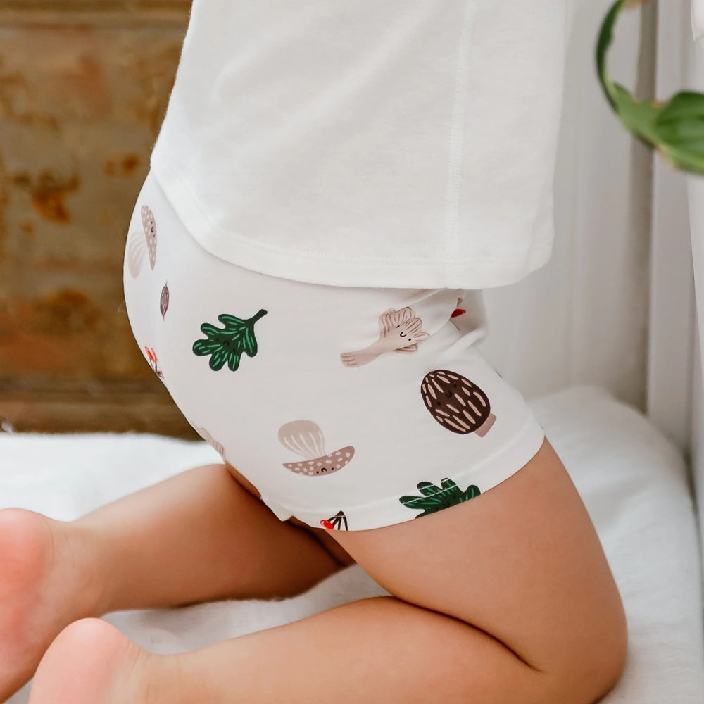 Nest Designs bamboo jersey boys boxer briefs 2-pack; white shorts with seaweed and shell prints