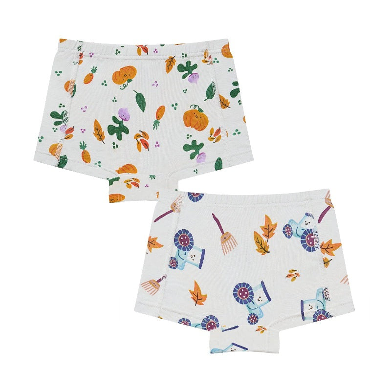 Nest Designs bamboo jersey girls' boy-short underwear 2-pack with harvest time pumpkin and leaf print.