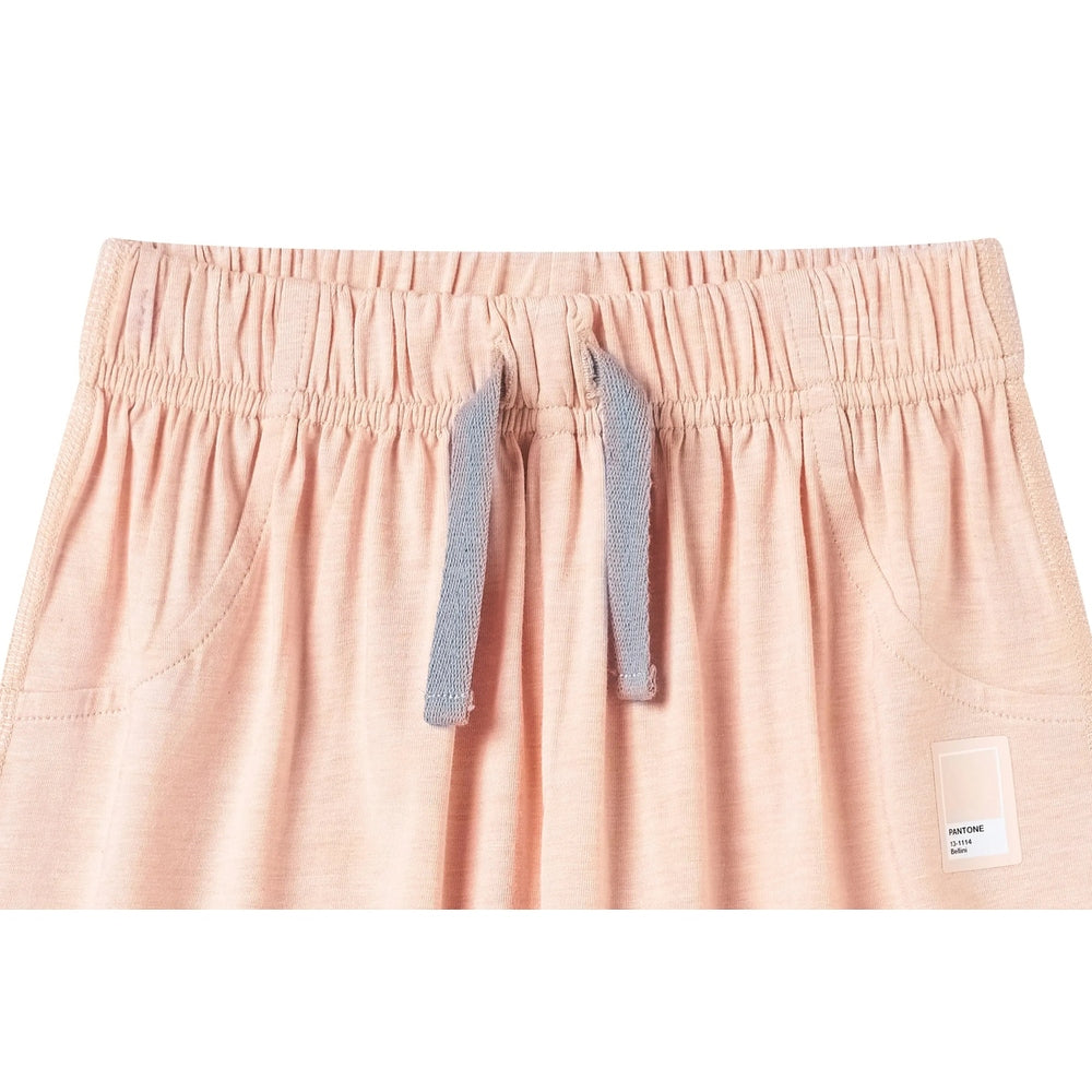Nest Designs Bamboo Jersey Harem Pants Pantone Bellini in peach with blue drawstring and visible front pockets