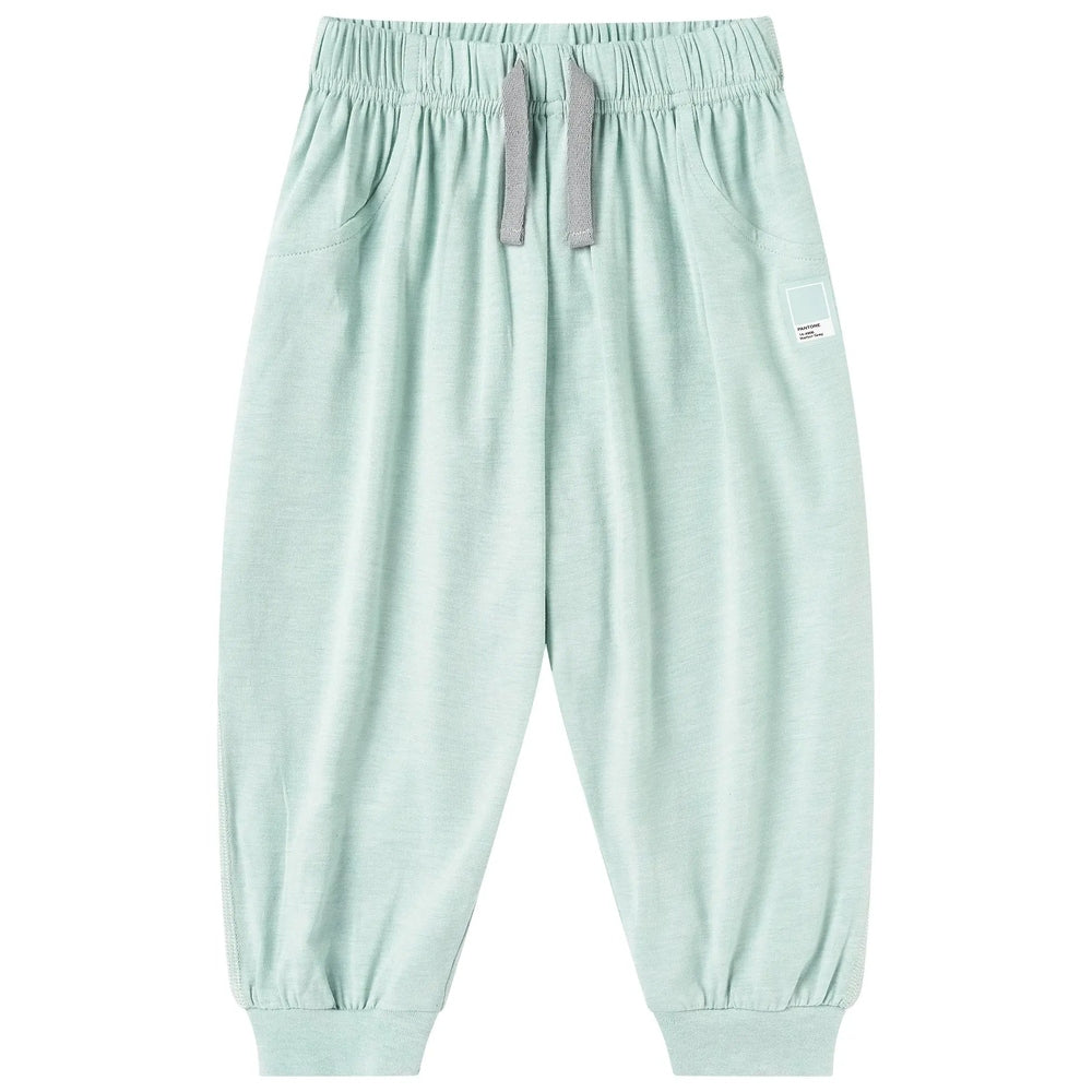 Nest Designs Bamboo Jersey Harem Pants Pantone Harbor Grey with elastic waist and gray drawstring tied, cuffed ankles