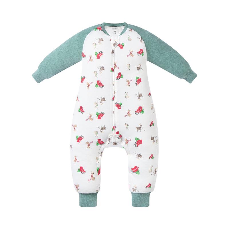 Nest Designs Bamboo Jersey Long Sleeve Footed Sleep Bag, white with green sleeves and sleigh print, 2.5 tog, front-zip

